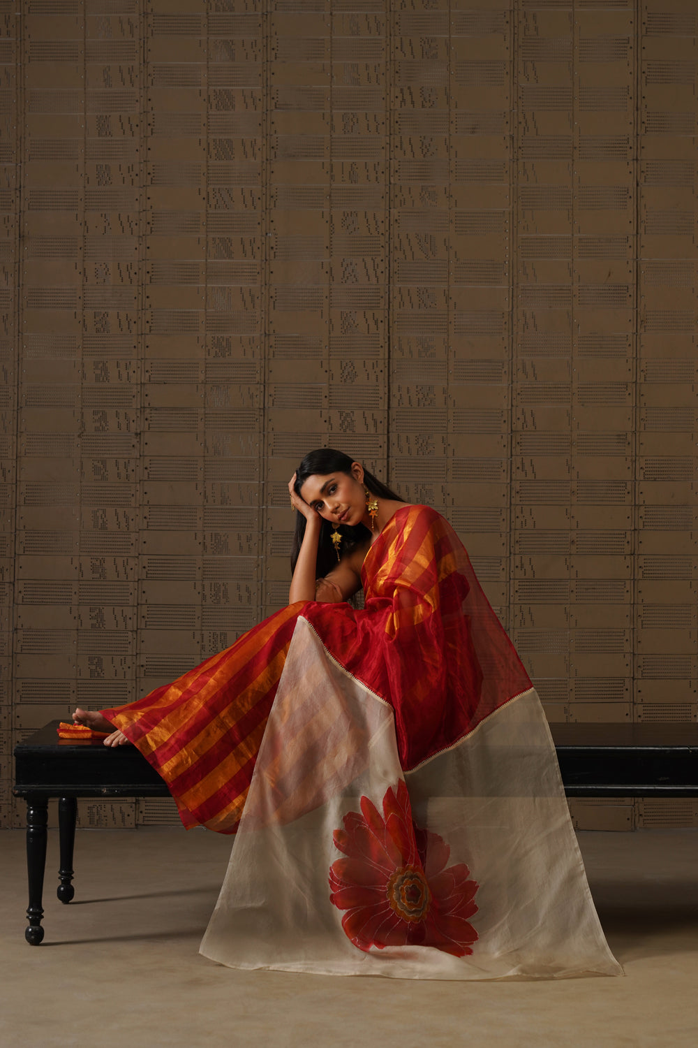 Red Striped Tissue Saree with Floral Organza Pallu