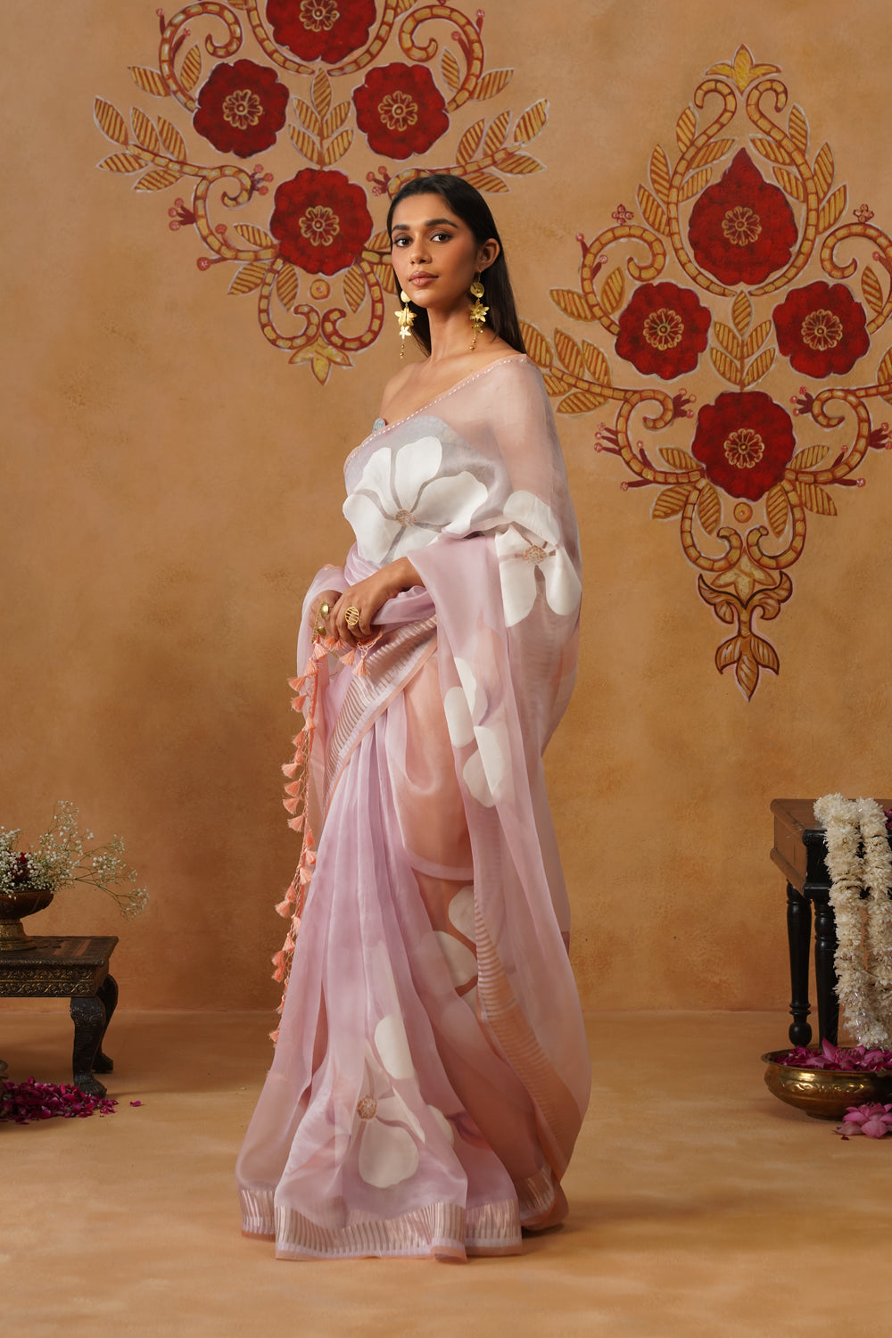 Baby Pink Floral Painted Organza Saree