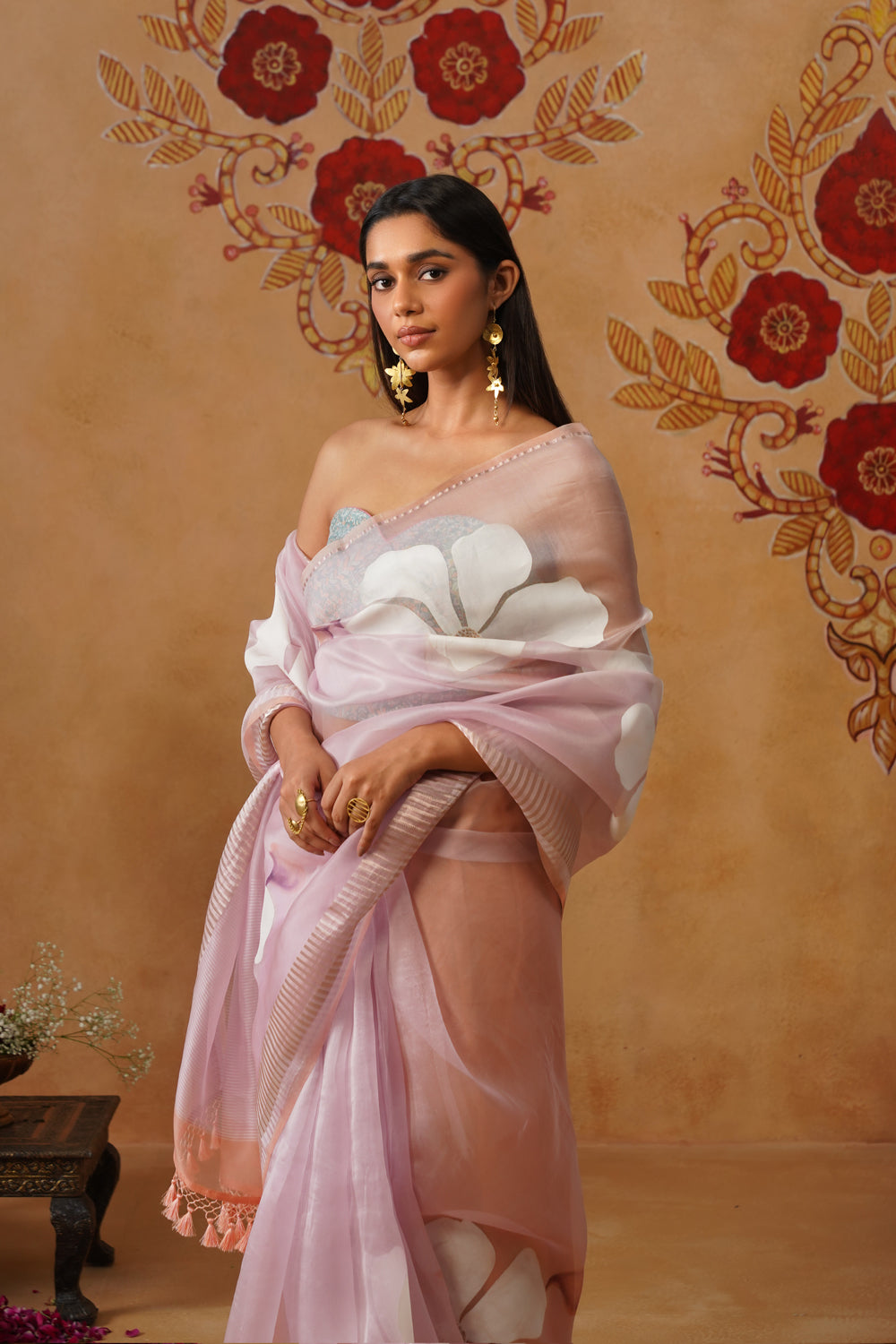 Baby Pink Floral Painted Organza Saree
