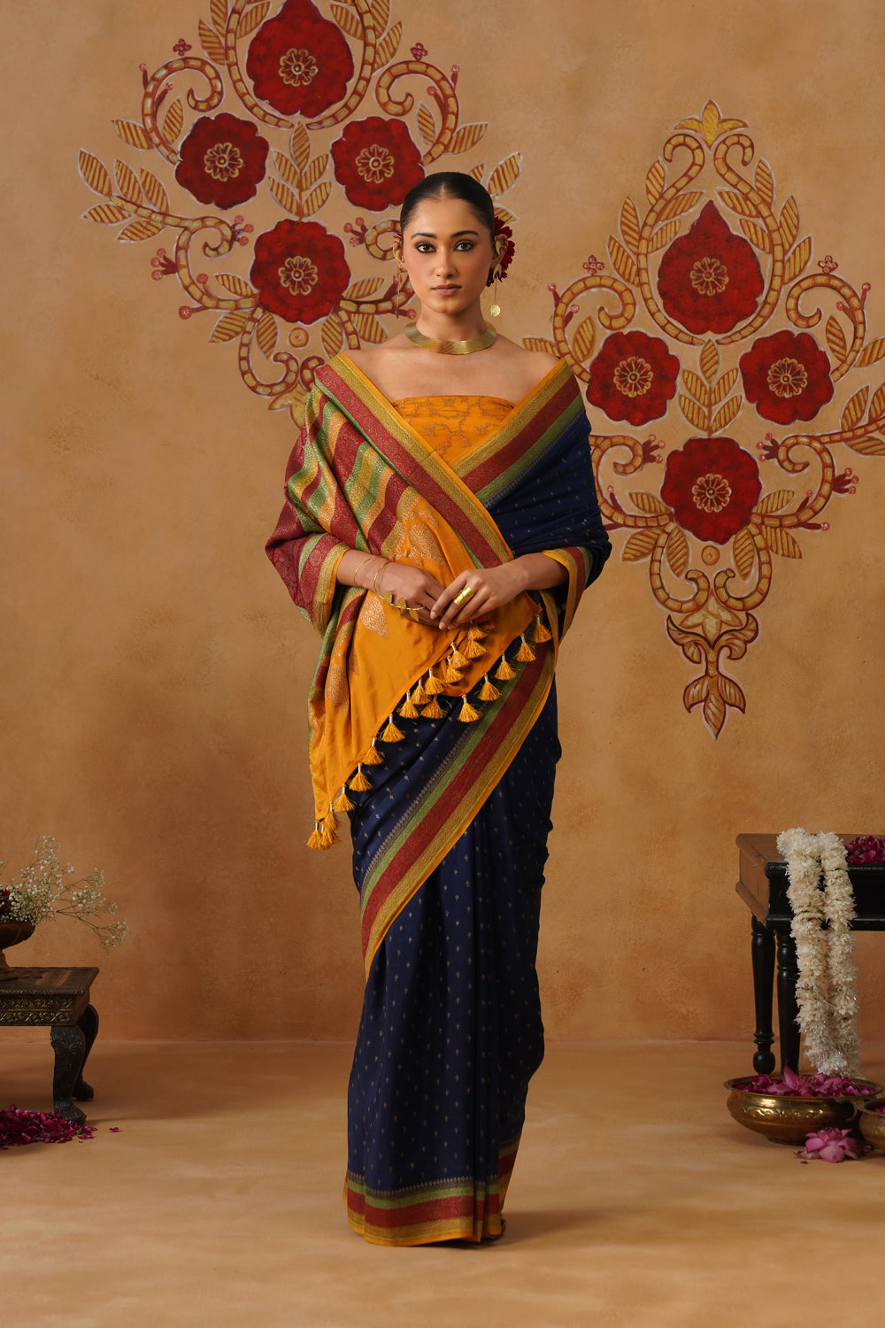 Midnight Blue Hand-Dyed Crepe Silk Banarasi Saree