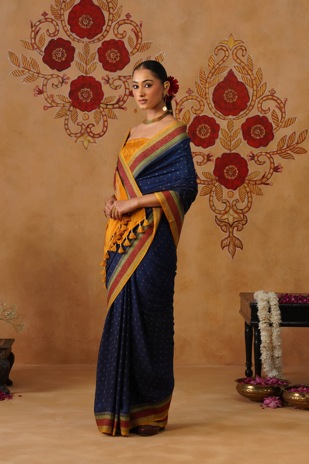 Midnight Blue Hand-Dyed Crepe Silk Banarasi Saree