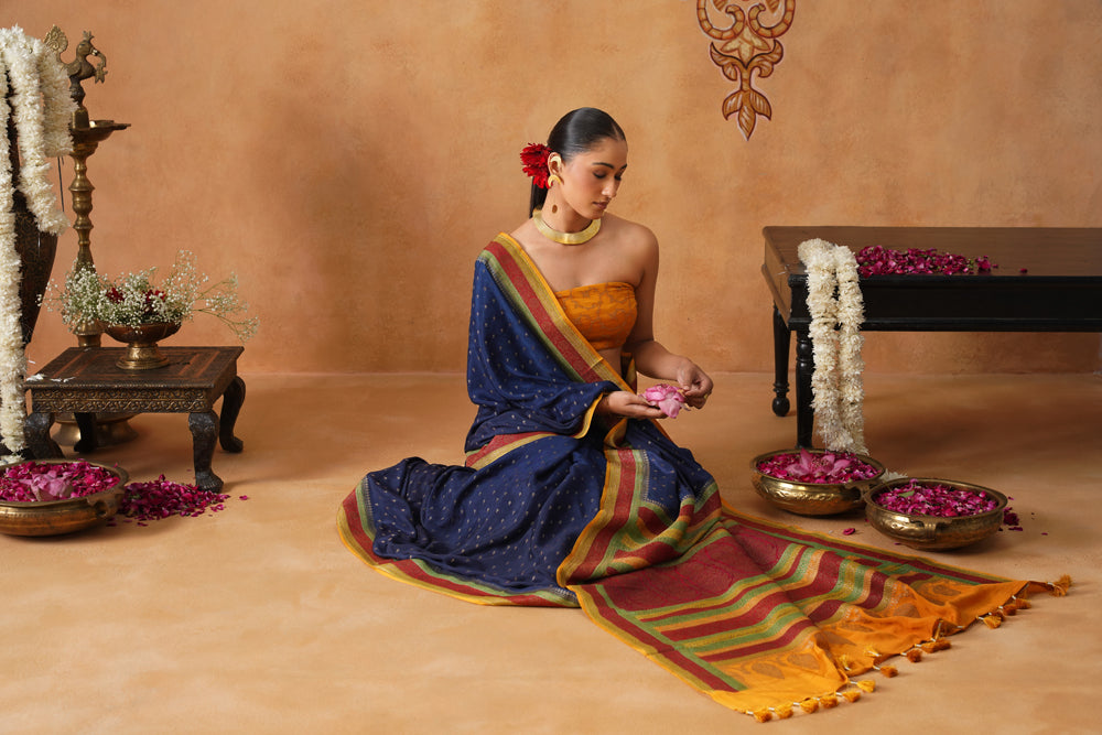 Midnight Blue Hand-Dyed Crepe Silk Banarasi Saree