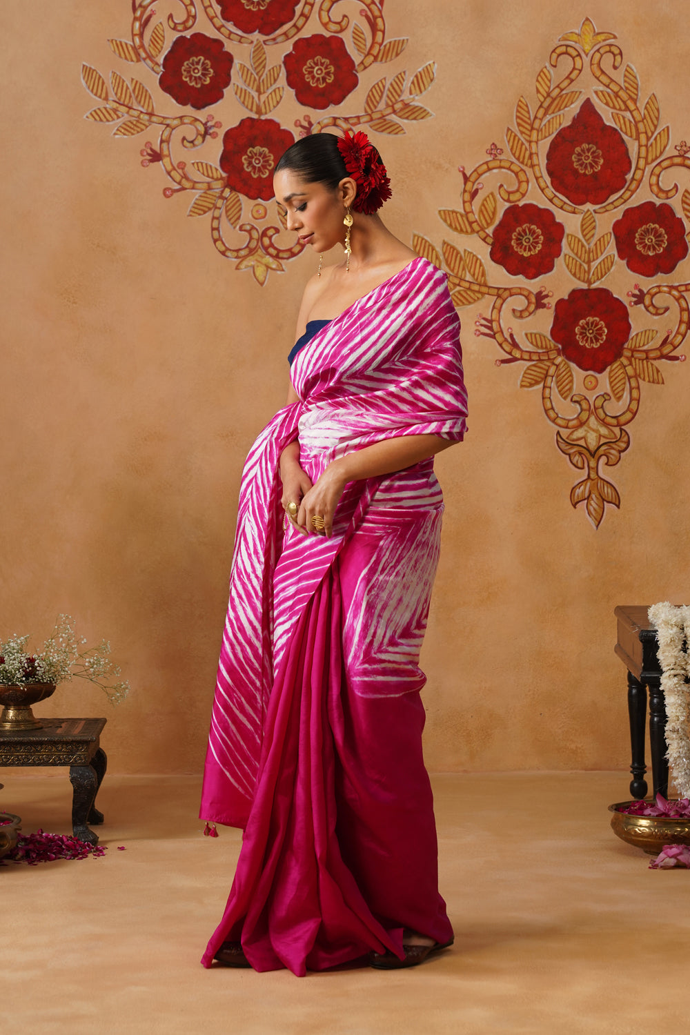 Rani Pink Arashi Dye Half-and-Half Silk Saree