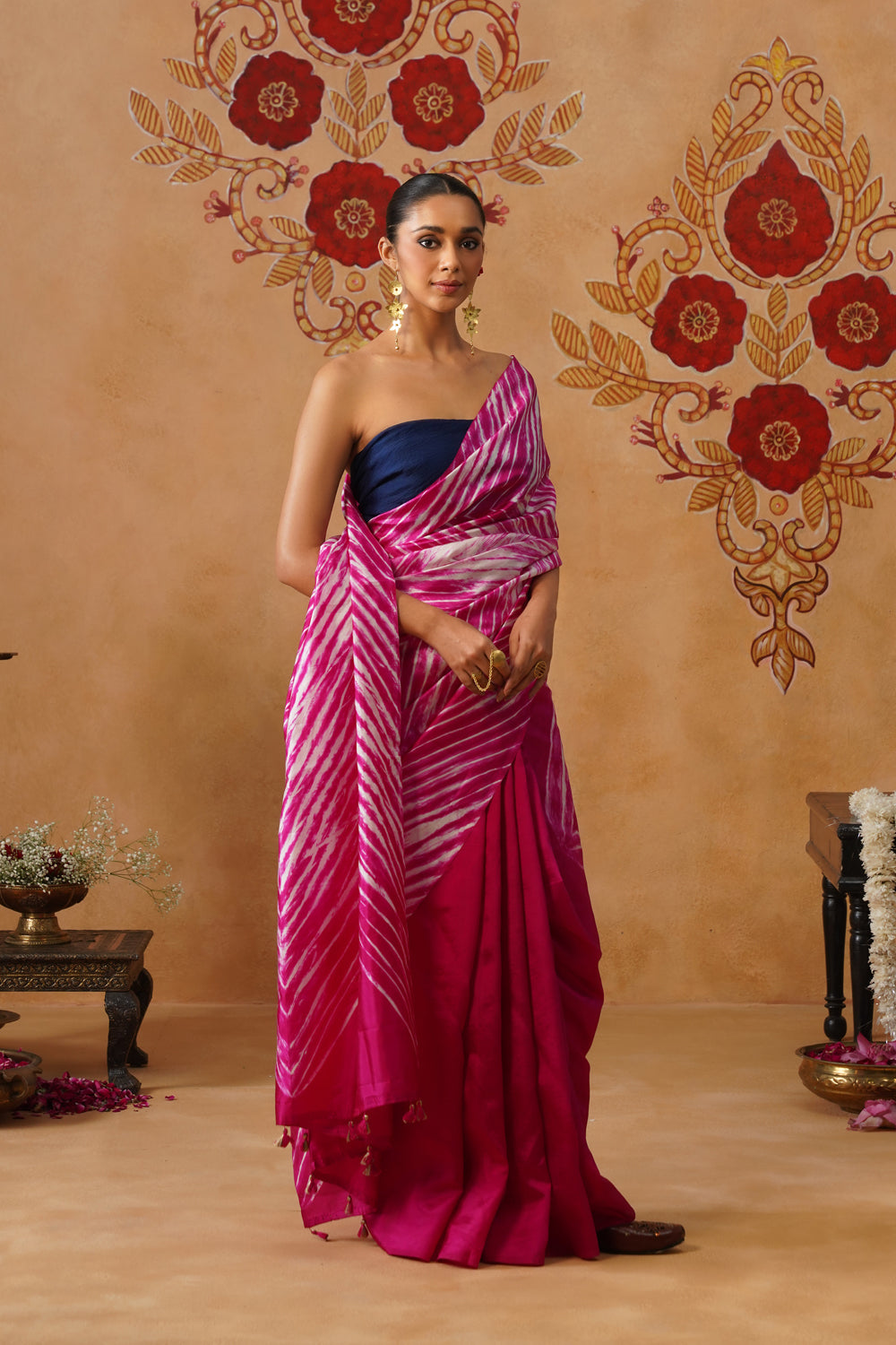 Rani Pink Arashi Dye Half-and-Half Silk Saree
