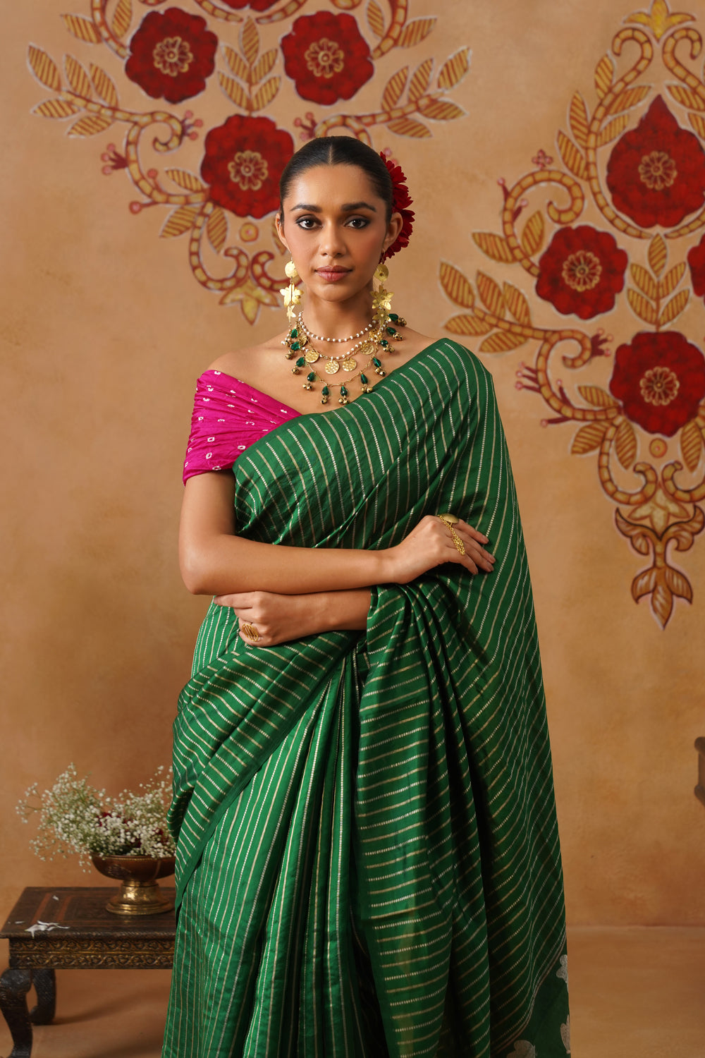 Emerald Green Striped Katan Silk Saree