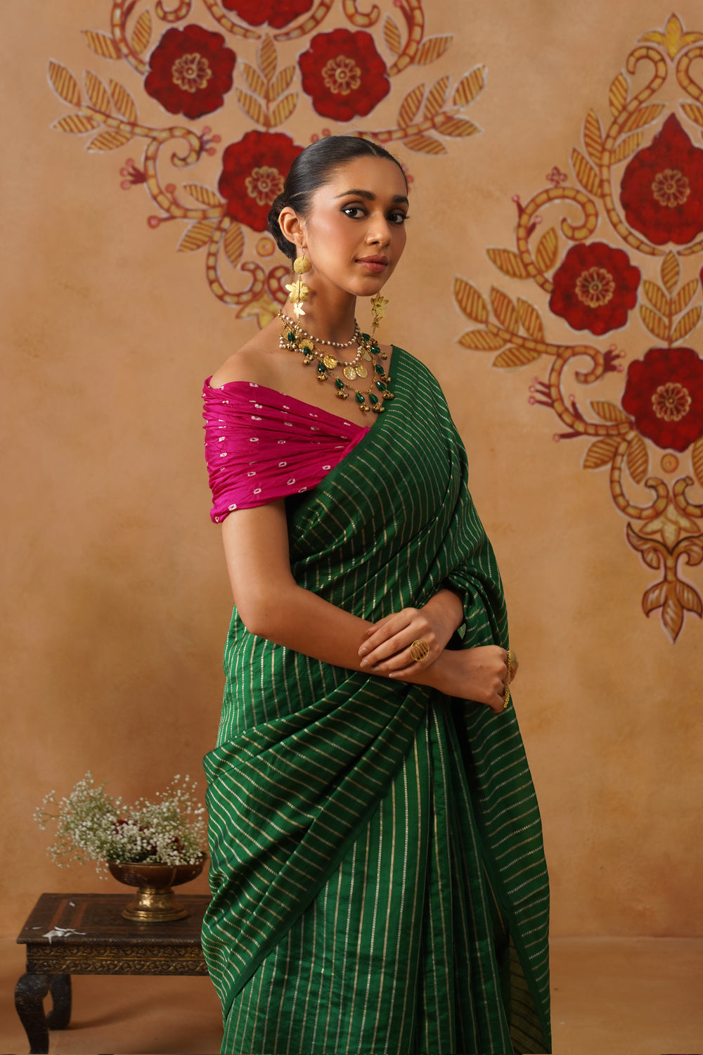 Emerald Green Striped Katan Silk Saree