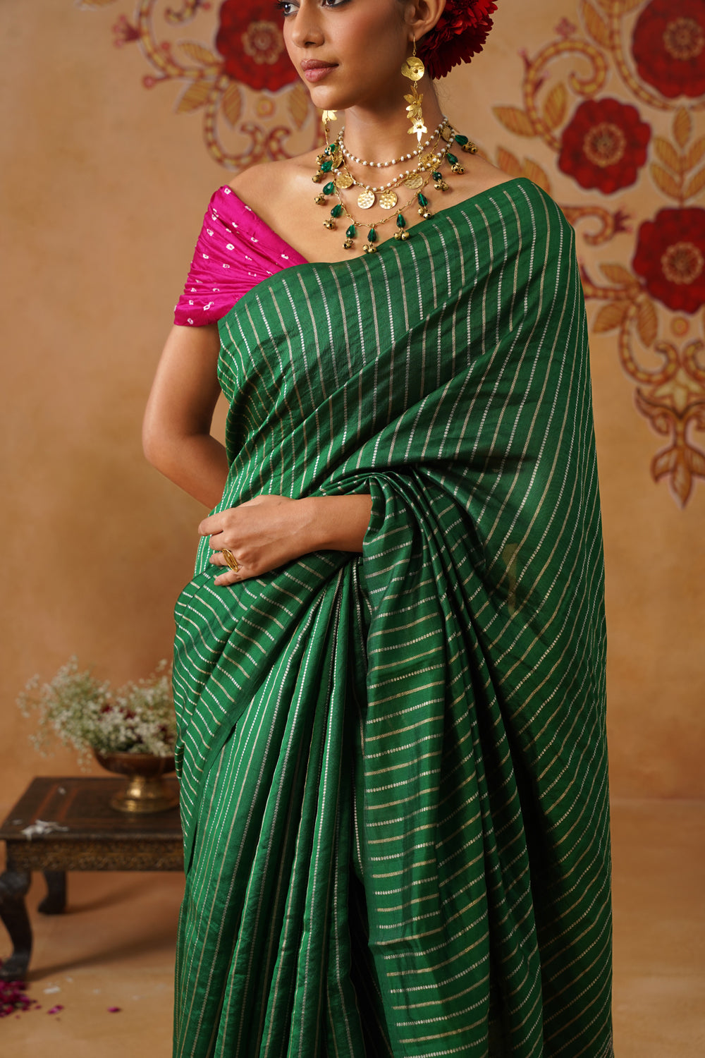 Emerald Green Striped Katan Silk Saree