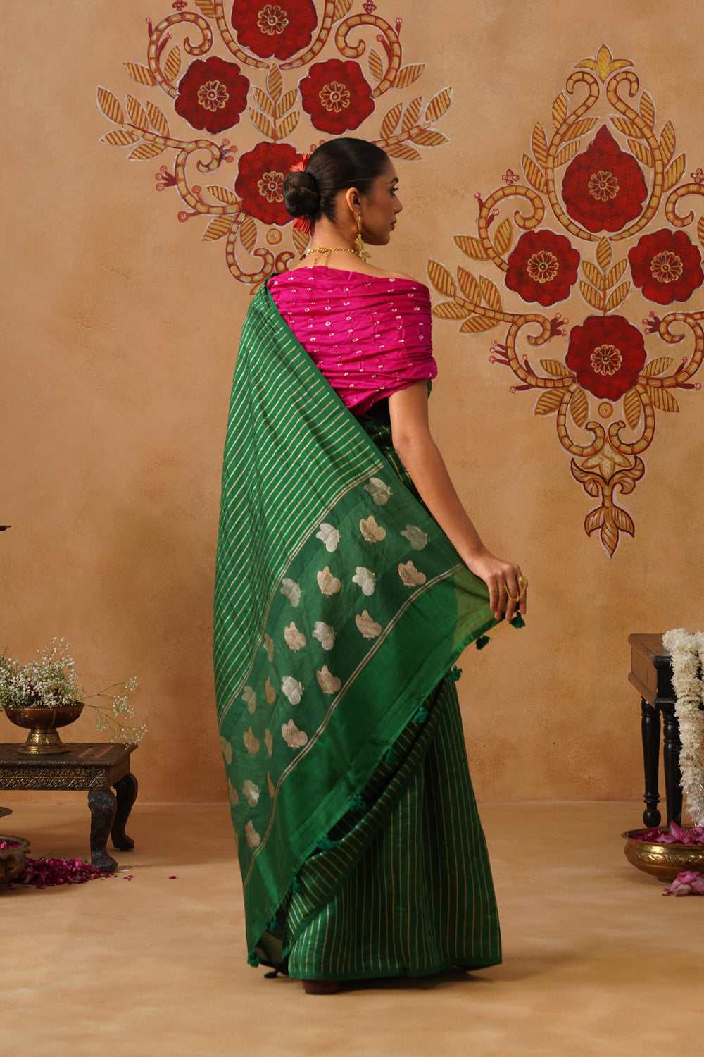 Emerald Green Striped Katan Silk Saree