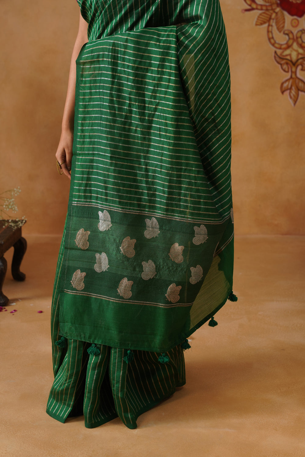 Emerald Green Striped Katan Silk Saree