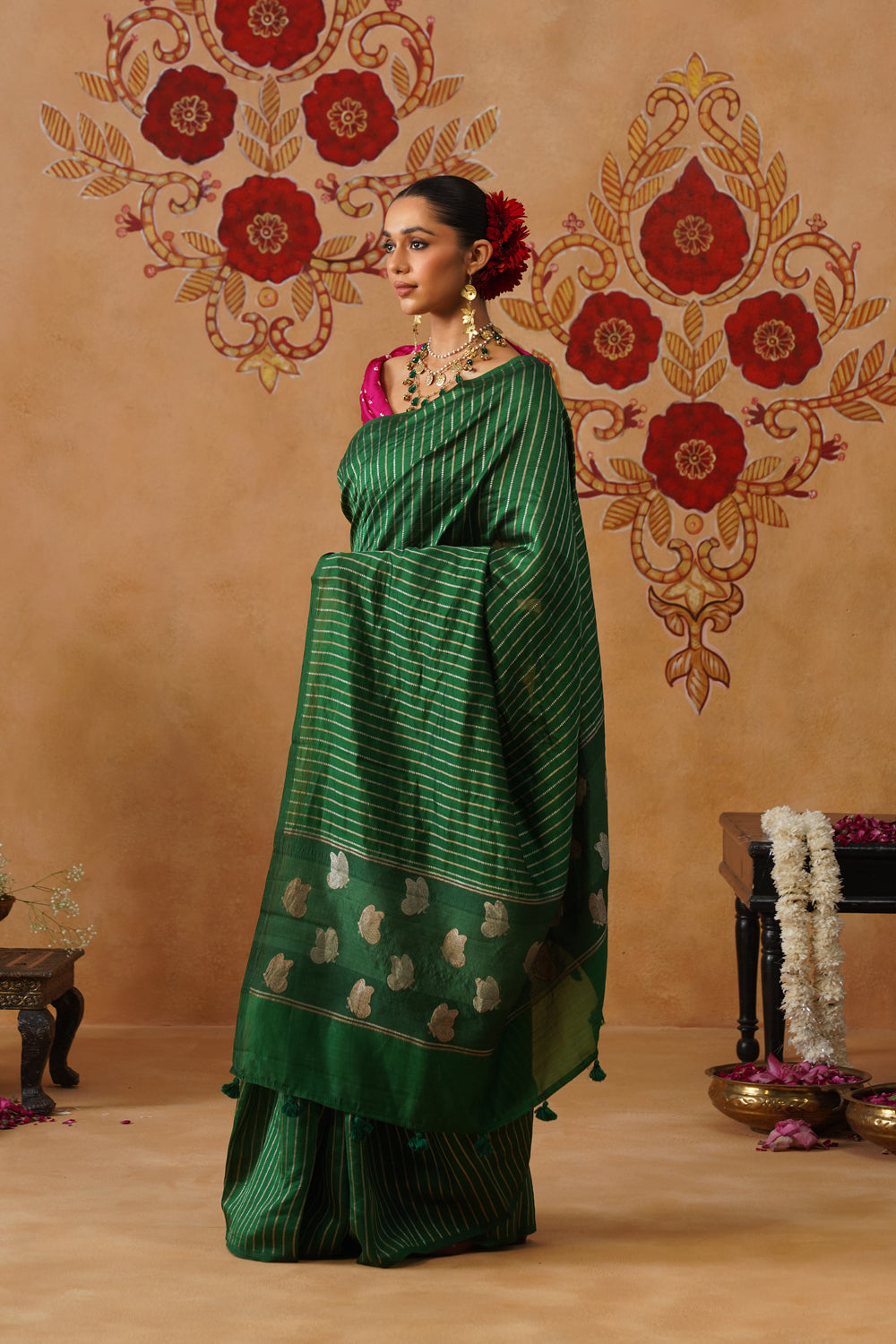 Emerald Green Striped Katan Silk Saree