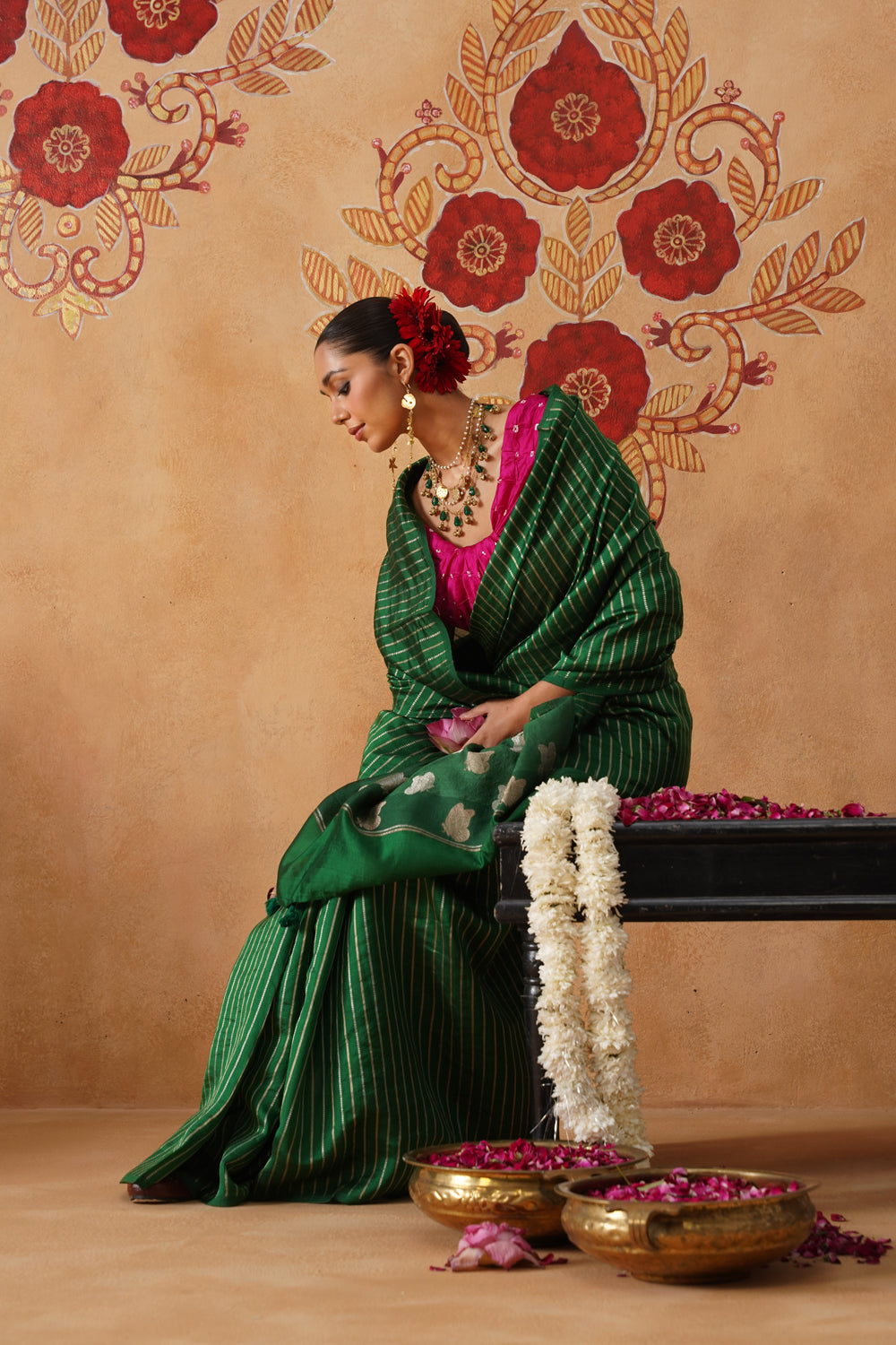 Emerald Green Striped Katan Silk Saree
