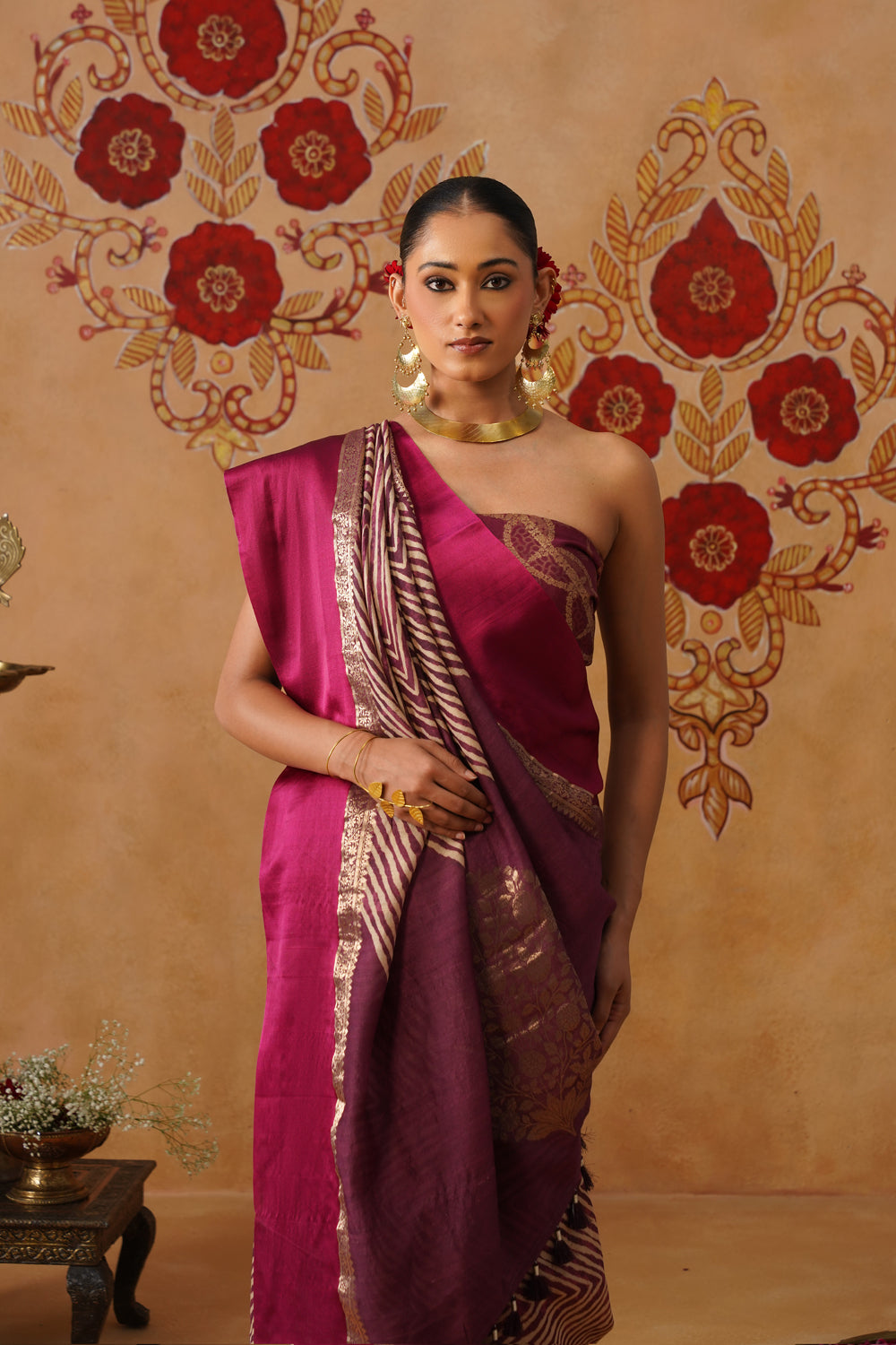 Deep Plum Printed Silk Saree