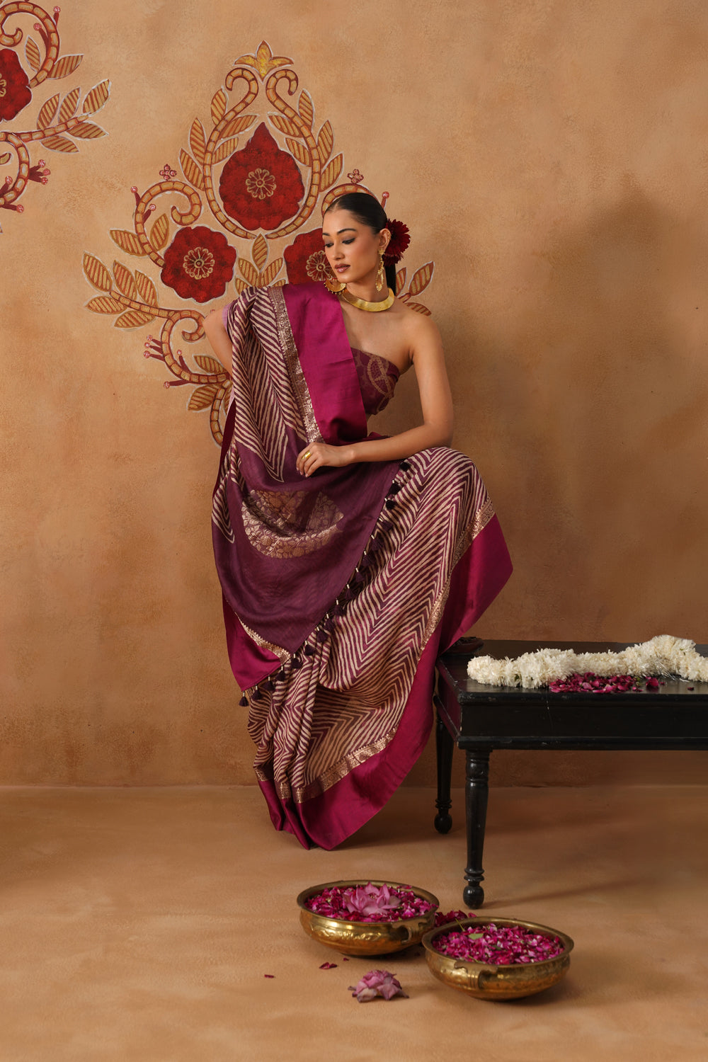 Deep Plum Printed Silk Saree