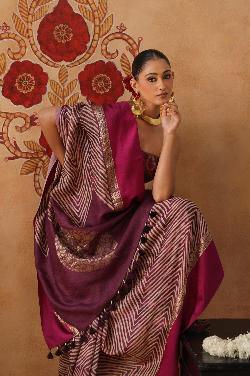 Deep Plum Printed Silk Saree