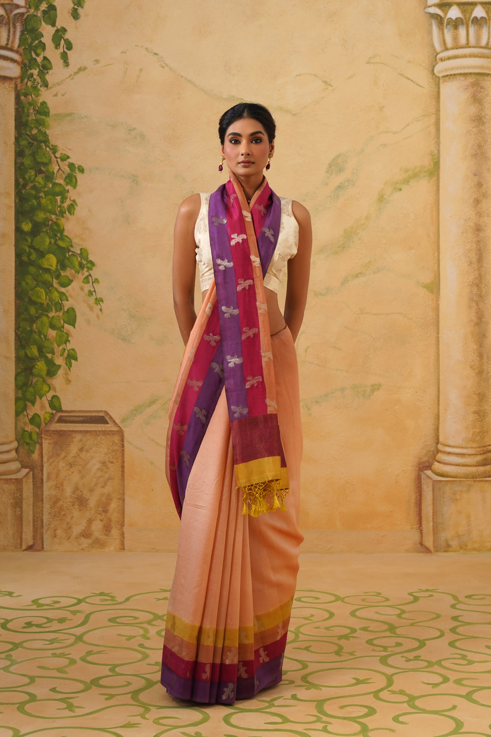Handwoven Multi-Color Katan Silk Saree with Bird Motifs