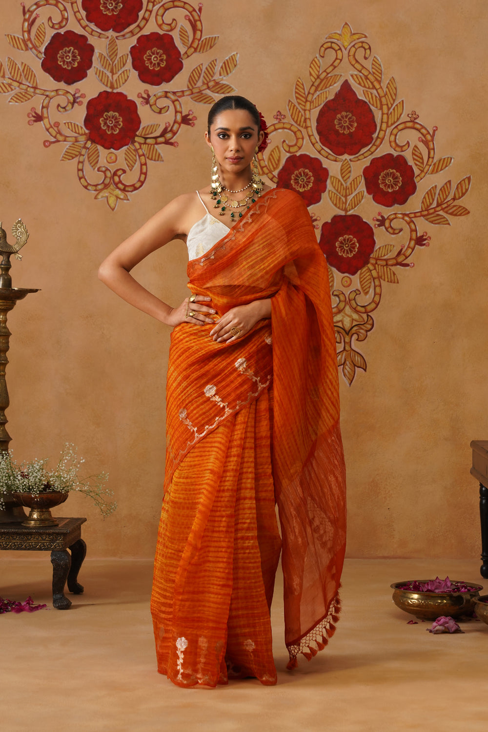 Sunset Orange Leheriya Kora Organza Saree