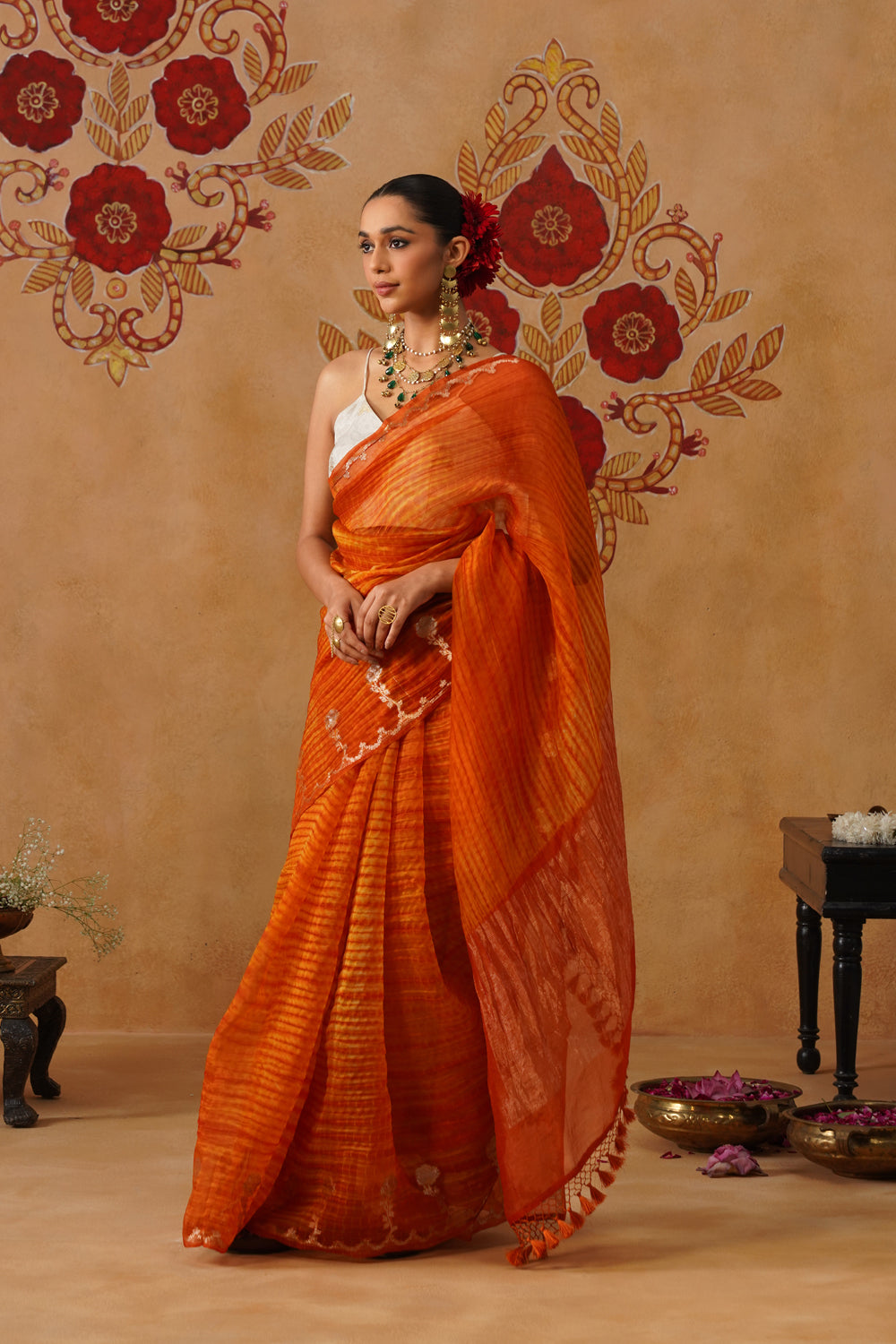 Sunset Orange Leheriya Kora Organza Saree