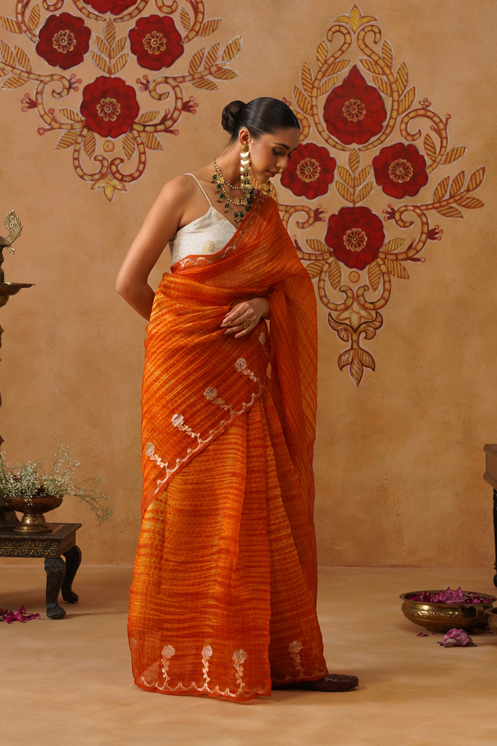 Sunset Orange Leheriya Kora Organza Saree