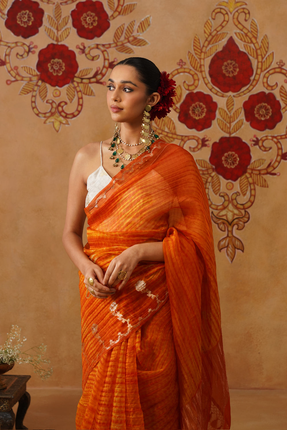 Sunset Orange Leheriya Kora Organza Saree