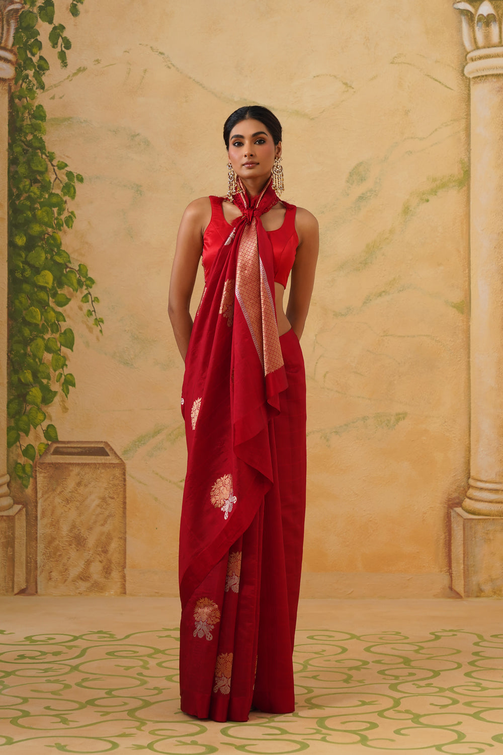 Handwoven Red Katan Silk Saree with Floral Butas