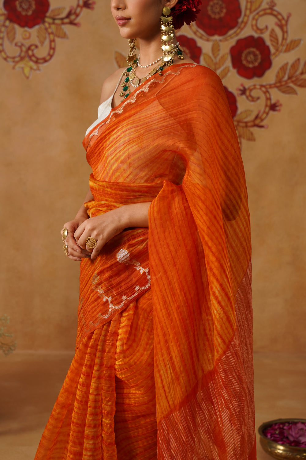 Sunset Orange Leheriya Kora Organza Saree
