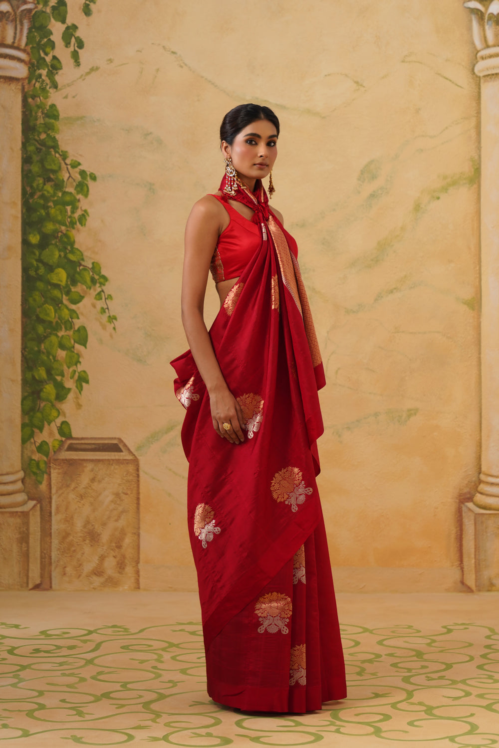 Handwoven Red Katan Silk Saree with Floral Butas