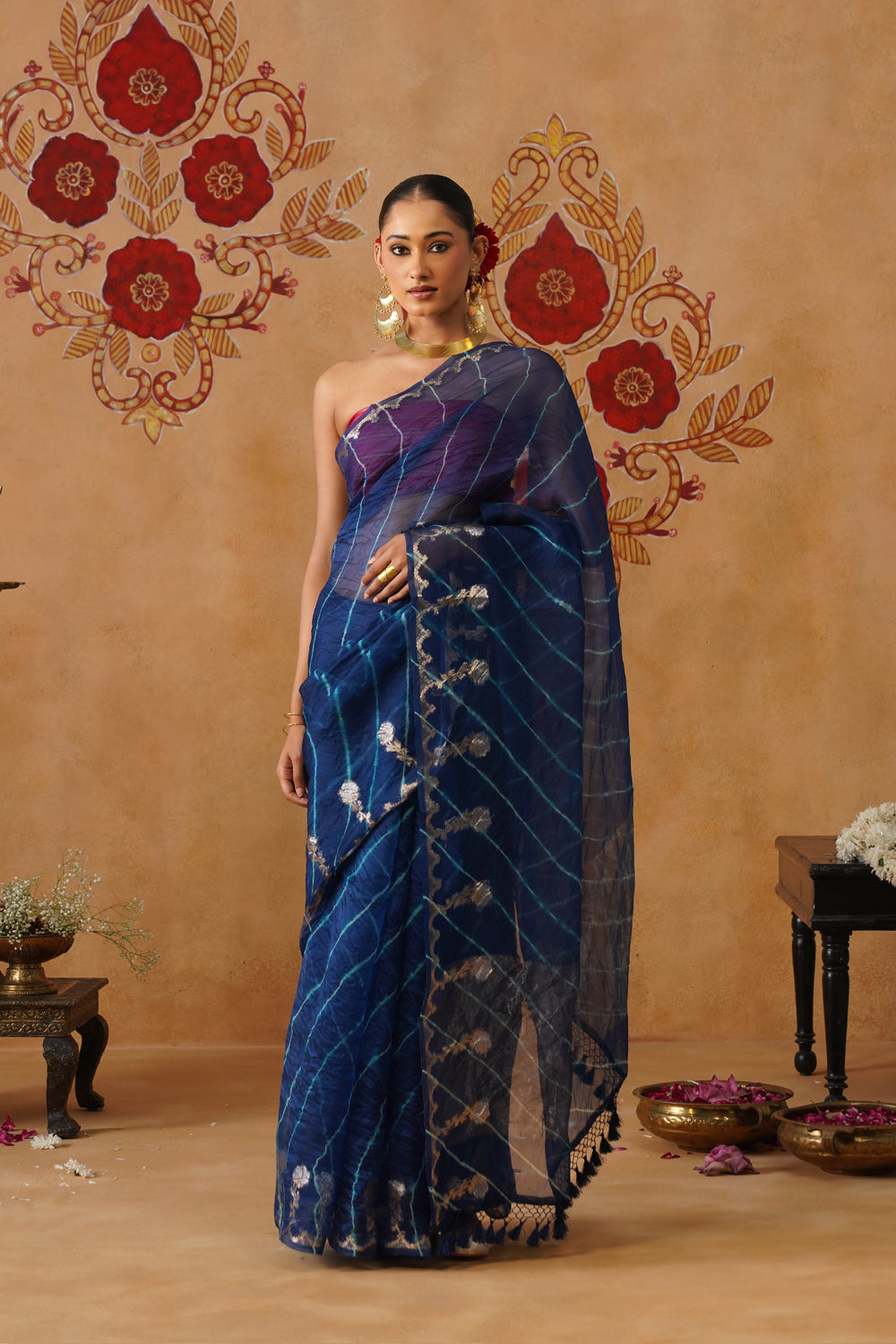Midnight Blue Leheriya Kora Organza Saree