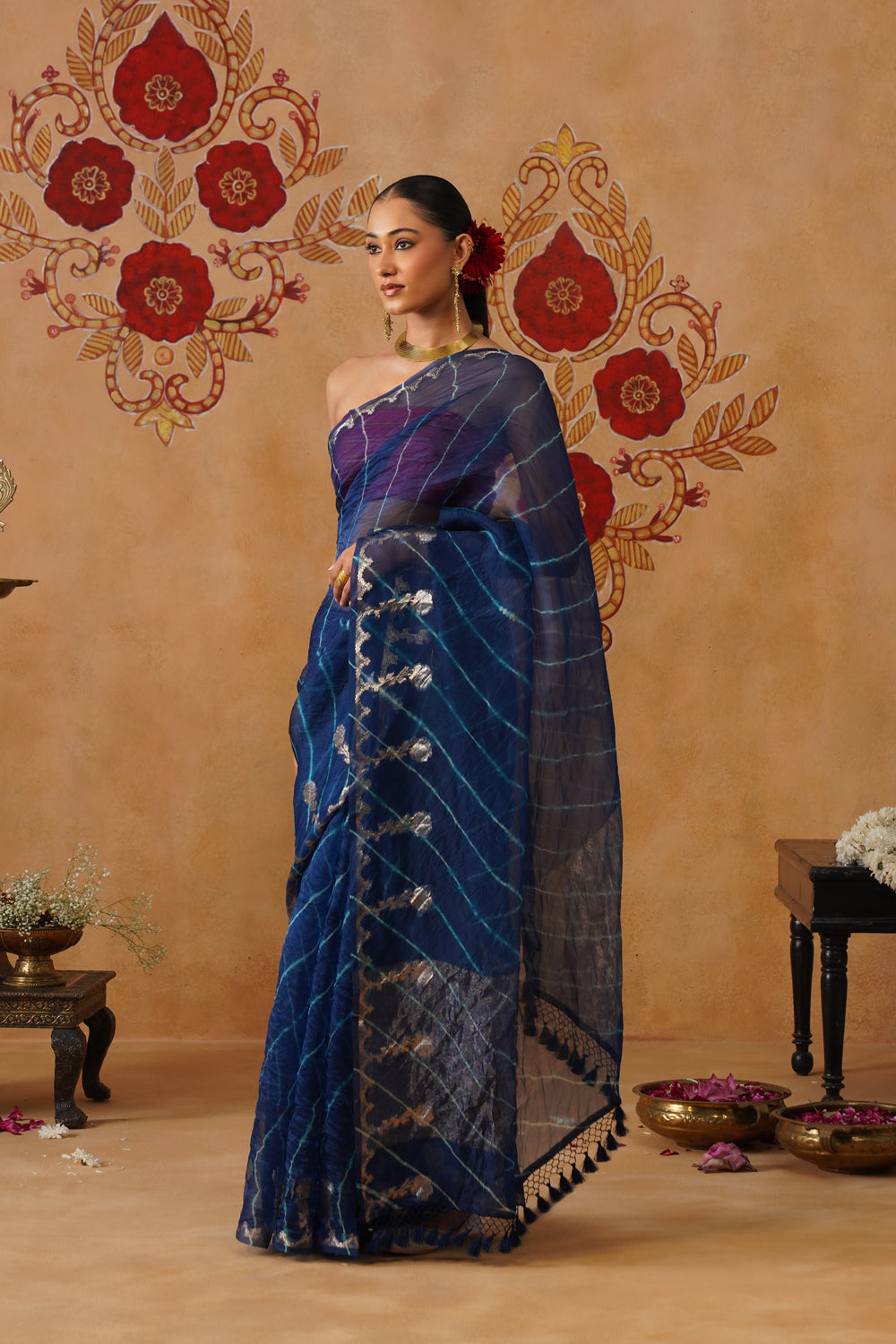 Midnight Blue Leheriya Kora Organza Saree