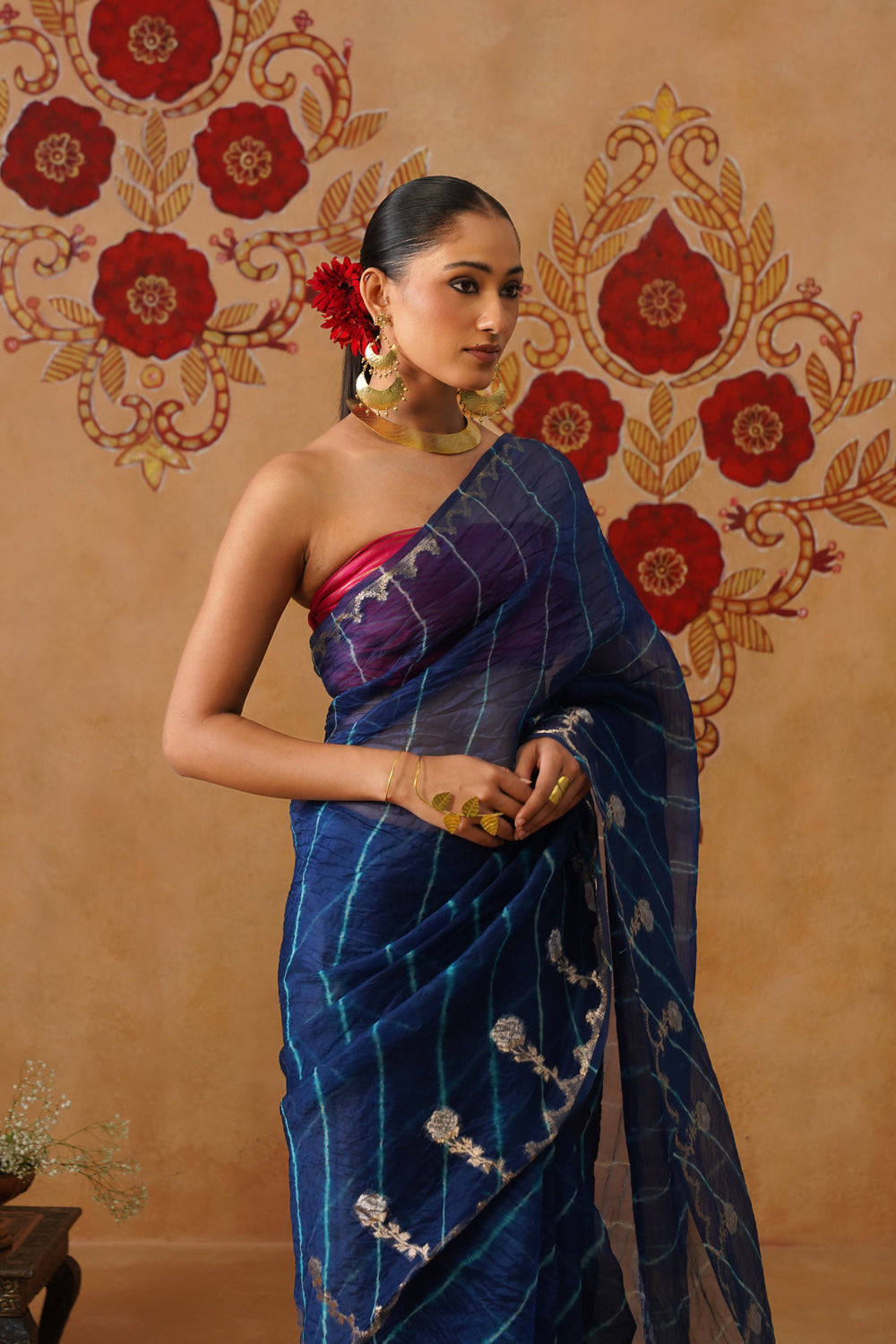 Midnight Blue Leheriya Kora Organza Saree