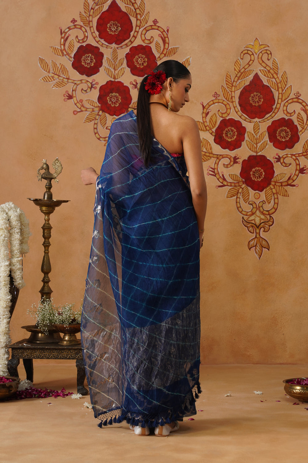 Midnight Blue Leheriya Kora Organza Saree