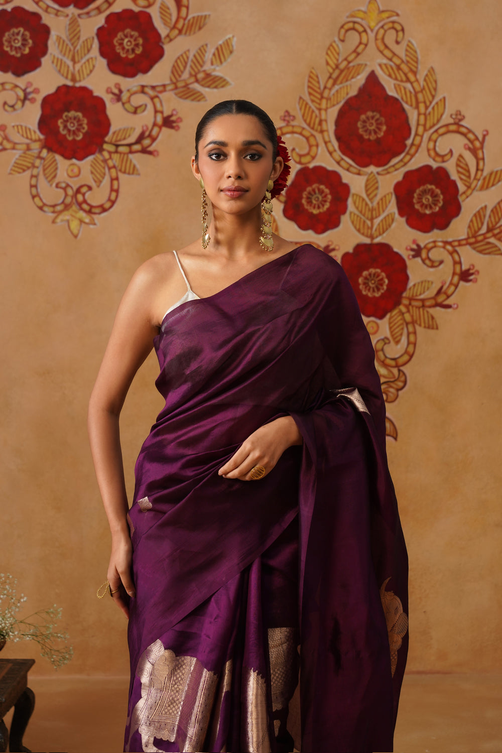 Deep Plum Elephant Motif Silk Saree