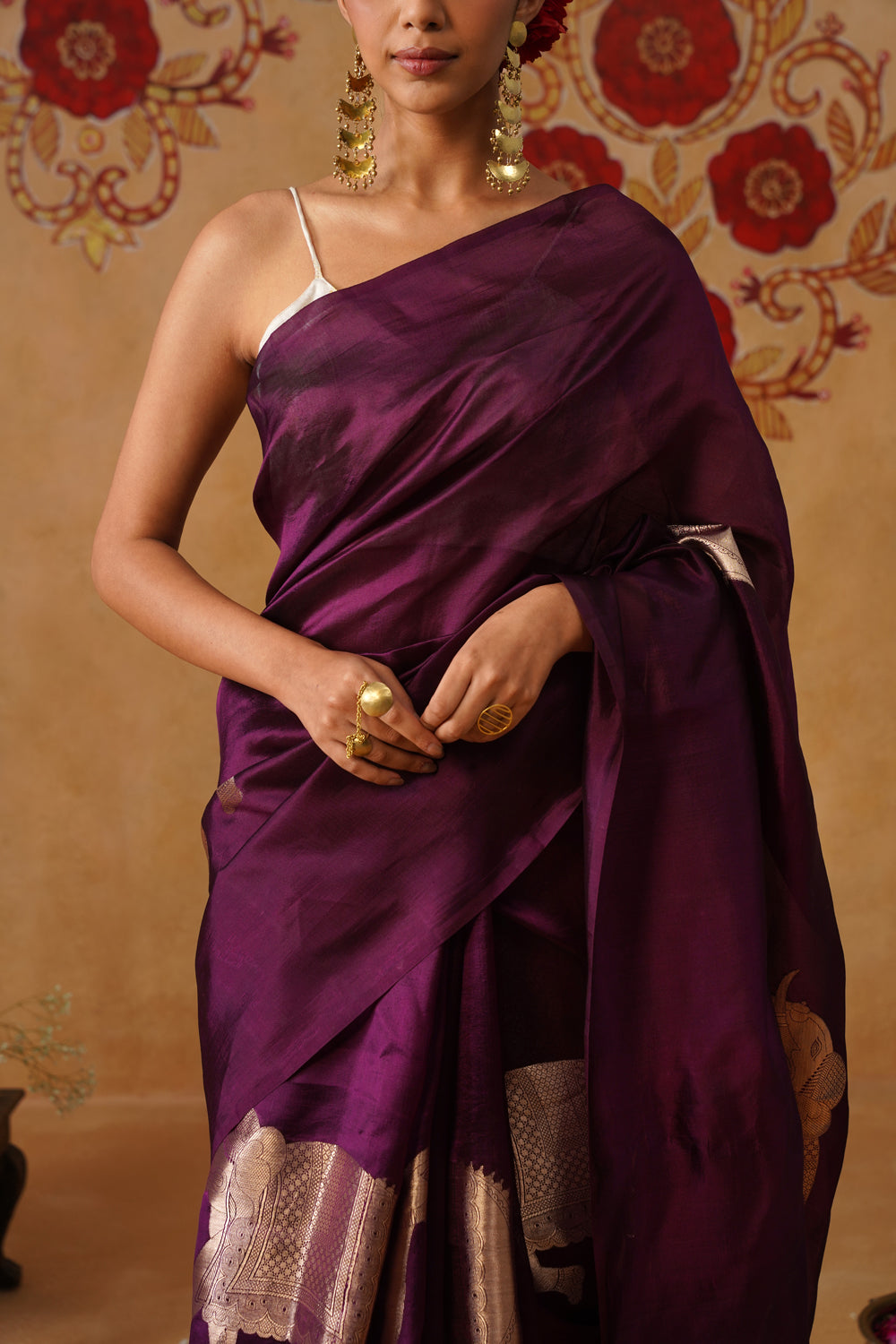 Deep Plum Elephant Motif Silk Saree