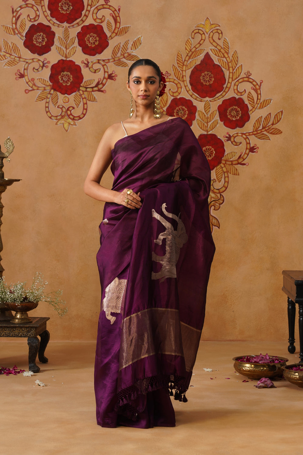 Deep Plum Elephant Motif Silk Saree