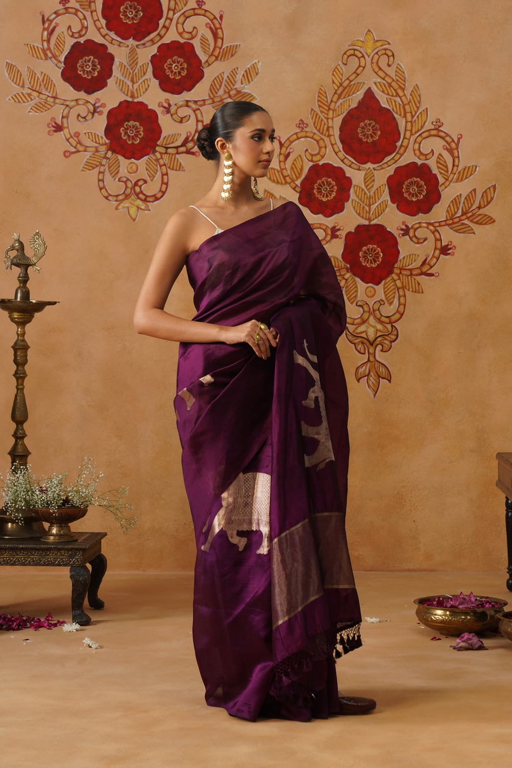 Deep Plum Elephant Motif Silk Saree