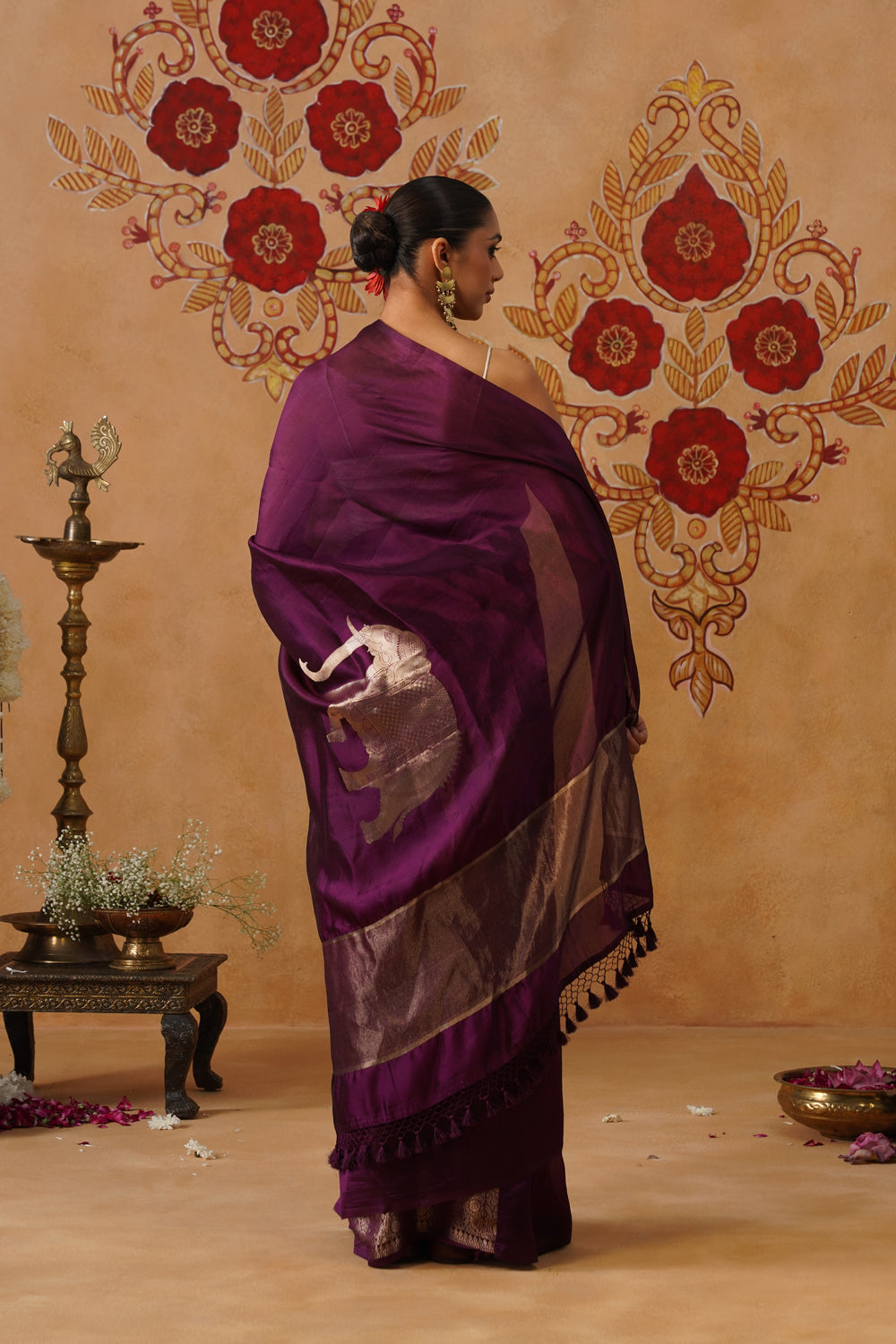 Deep Plum Elephant Motif Silk Saree