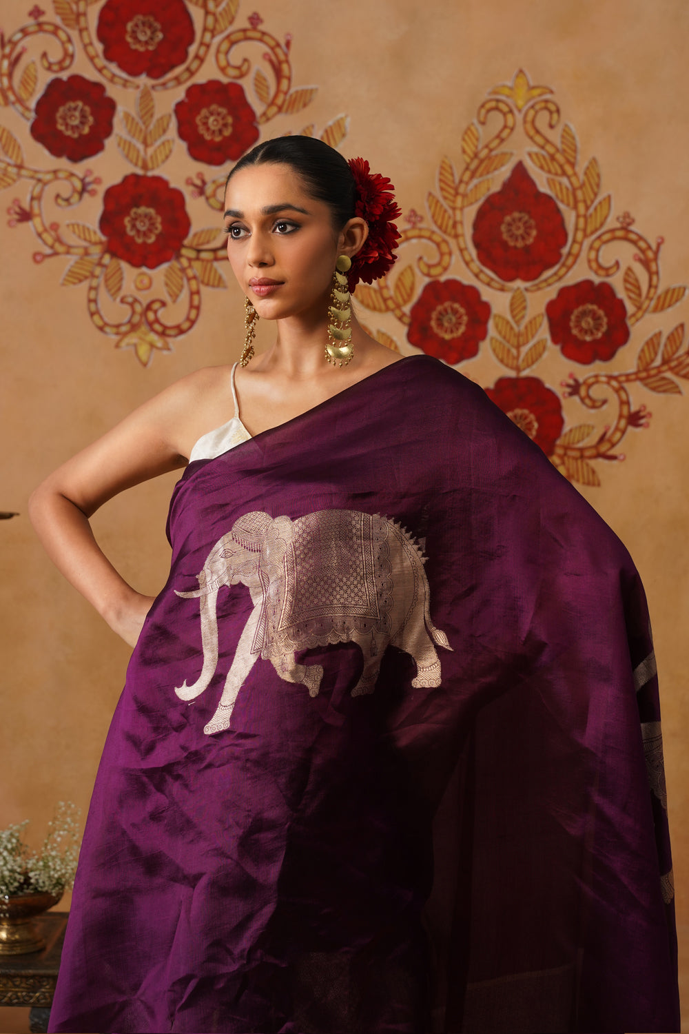 Deep Plum Elephant Motif Silk Saree