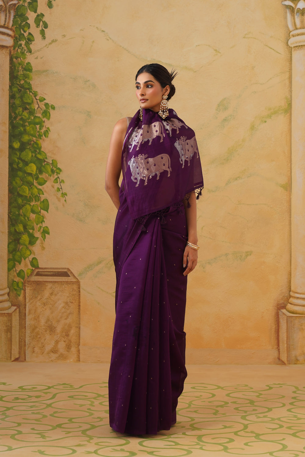 Handwoven Deep Purple Kora Katan Silk Saree with Pichwai Pallu