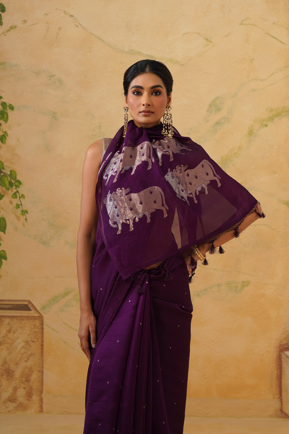 Handwoven Deep Purple Kora Katan Silk Saree with Pichwai Pallu