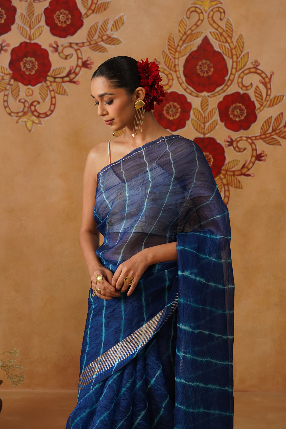 Royal Blue Leheriya Kora Organza Saree