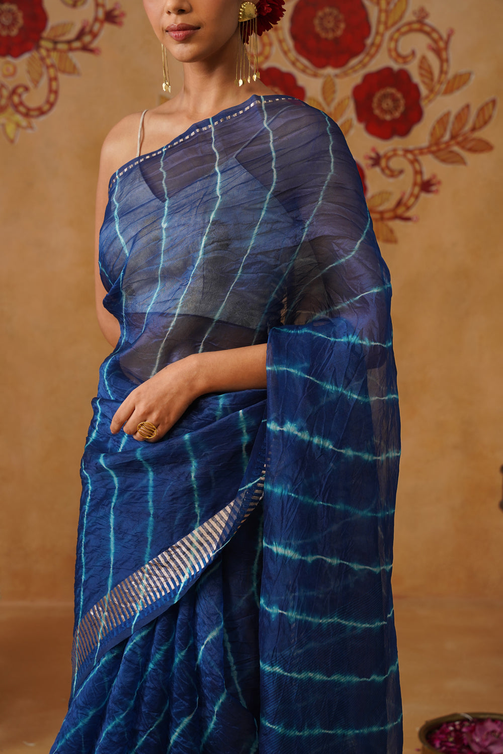 Royal Blue Leheriya Kora Organza Saree