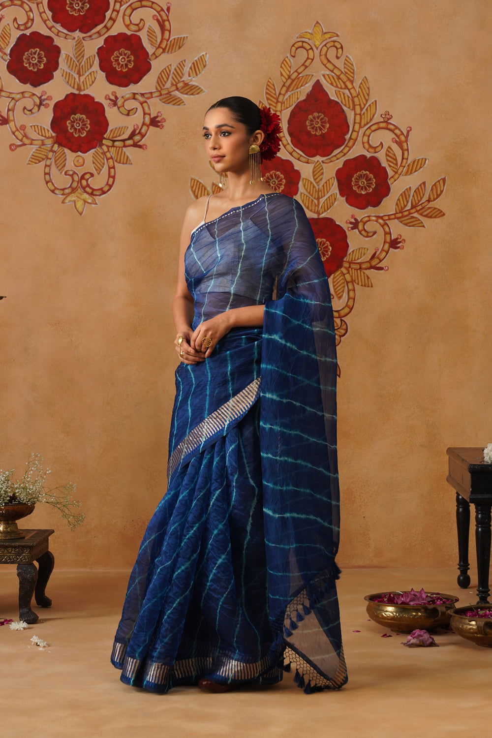 Royal Blue Leheriya Kora Organza Saree