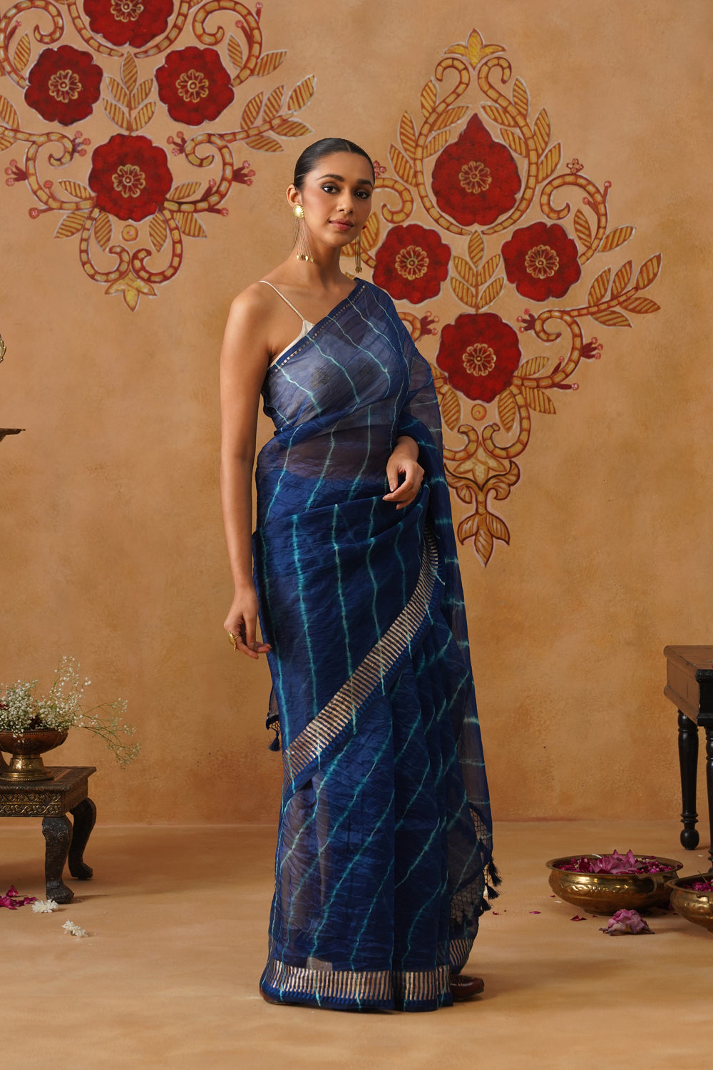 Royal Blue Leheriya Kora Organza Saree