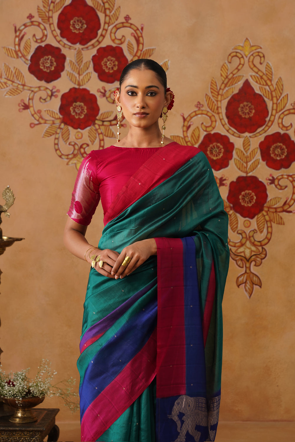 Peacock Green Hand-Dyed Elephant Motif Kora Katan Saree