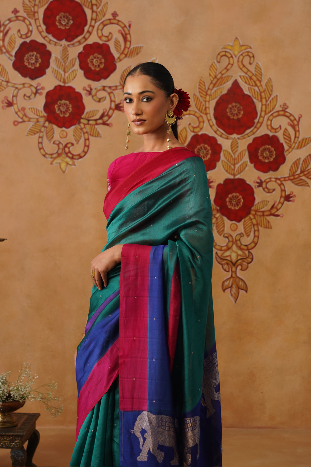 Peacock Green Hand-Dyed Elephant Motif Kora Katan Saree