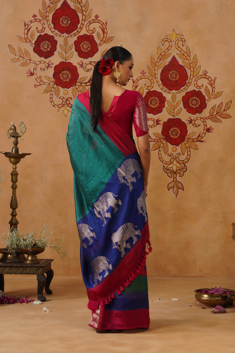 Peacock Green Hand-Dyed Elephant Motif Kora Katan Saree