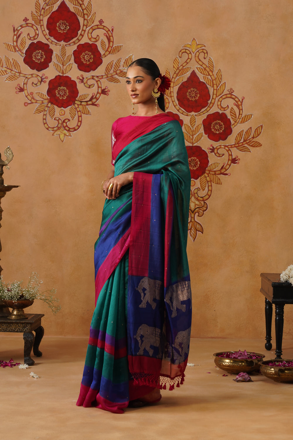 Peacock Green Hand-Dyed Elephant Motif Kora Katan Saree