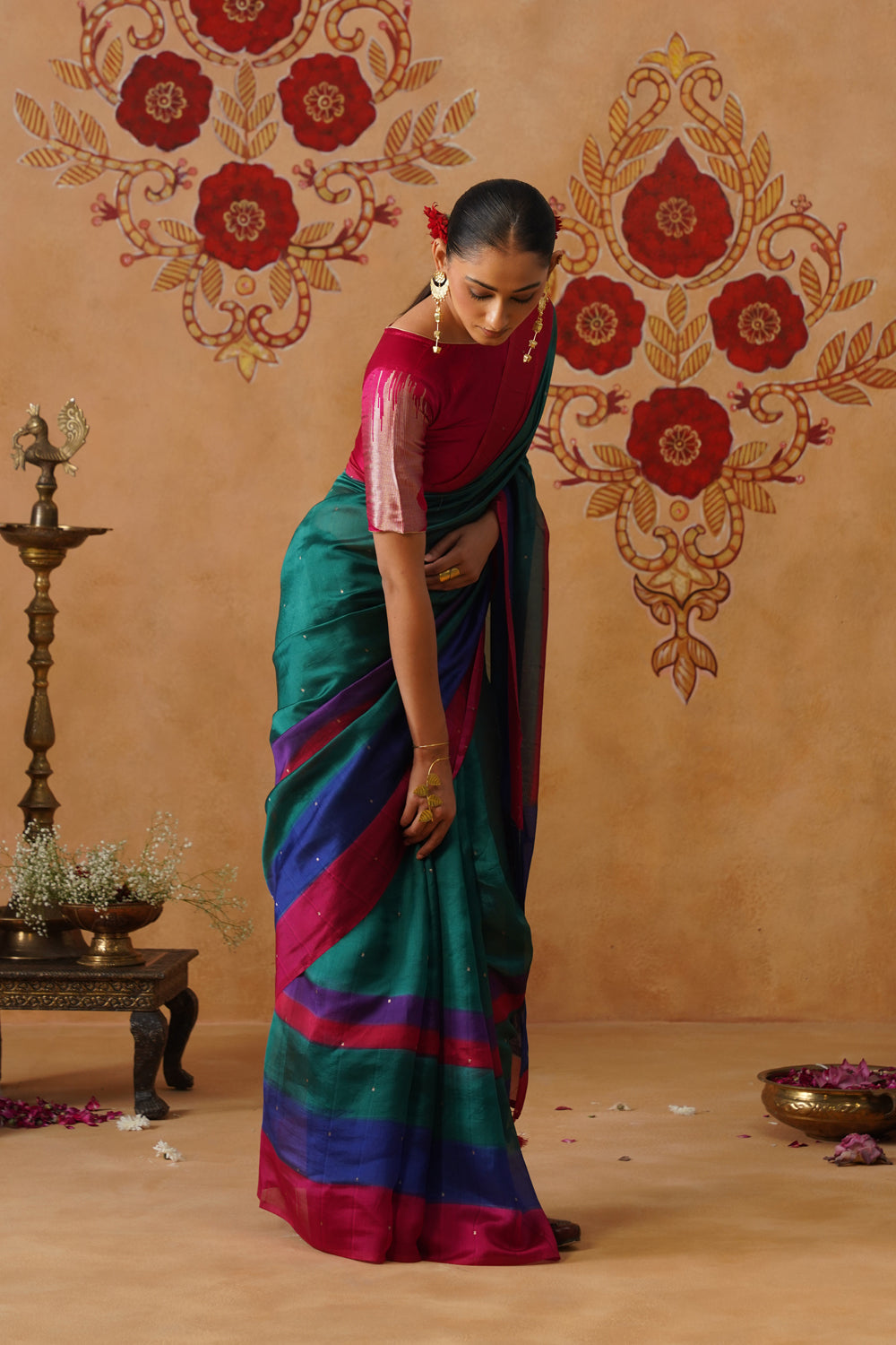 Peacock Green Hand-Dyed Elephant Motif Kora Katan Saree