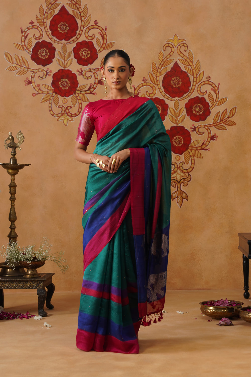 Peacock Green Hand-Dyed Elephant Motif Kora Katan Saree