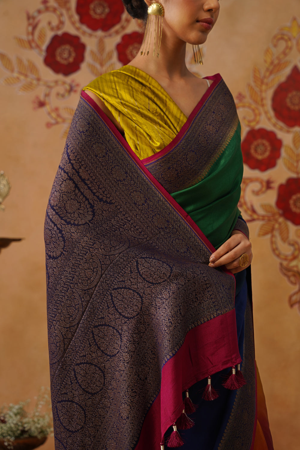 Bottle Green Hand-Dyed Crepe Silk Banarasi Saree