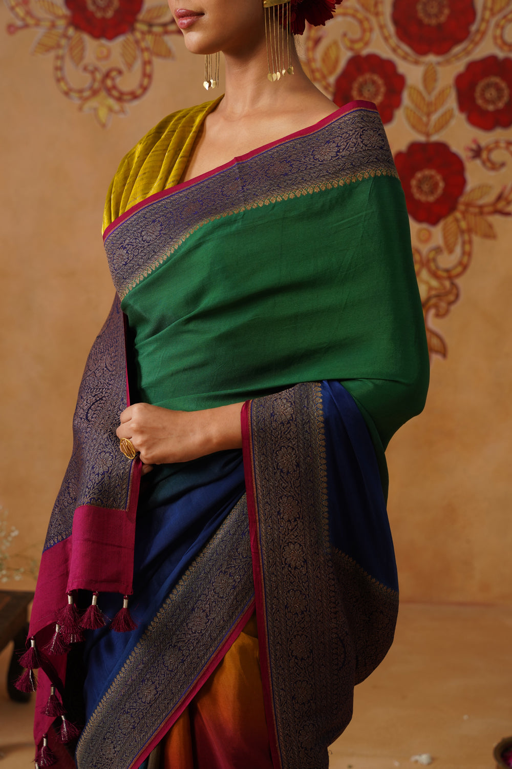 Bottle Green Hand-Dyed Crepe Silk Banarasi Saree